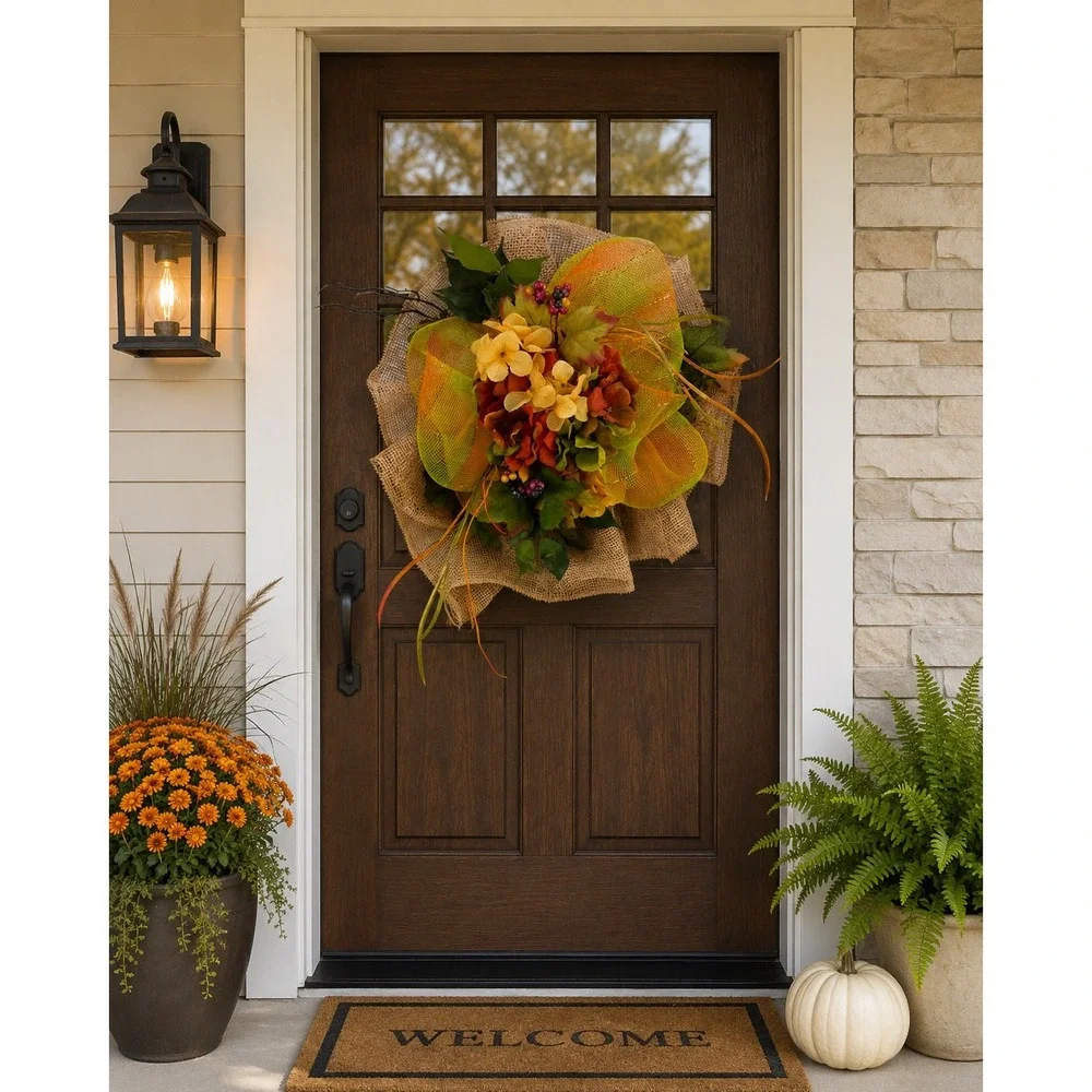 Unbranded Fall Floral Burlap Wreath Orange Hydrangea Deco Mesh Harvest Decor